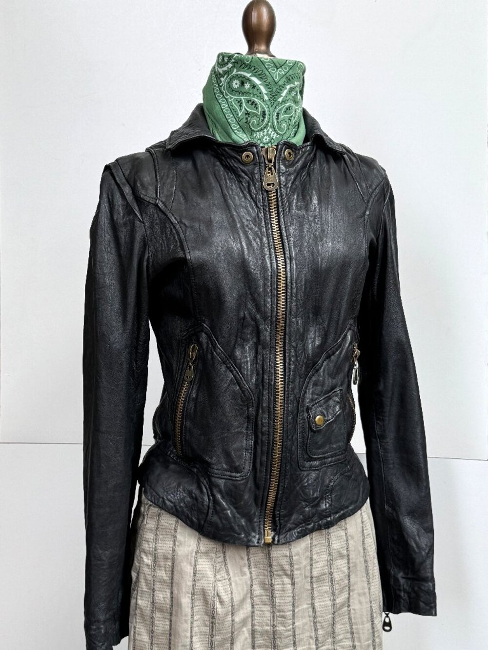 DOMA Black Leather Moto Jacket Black Distressed Vintage Wash Sz S